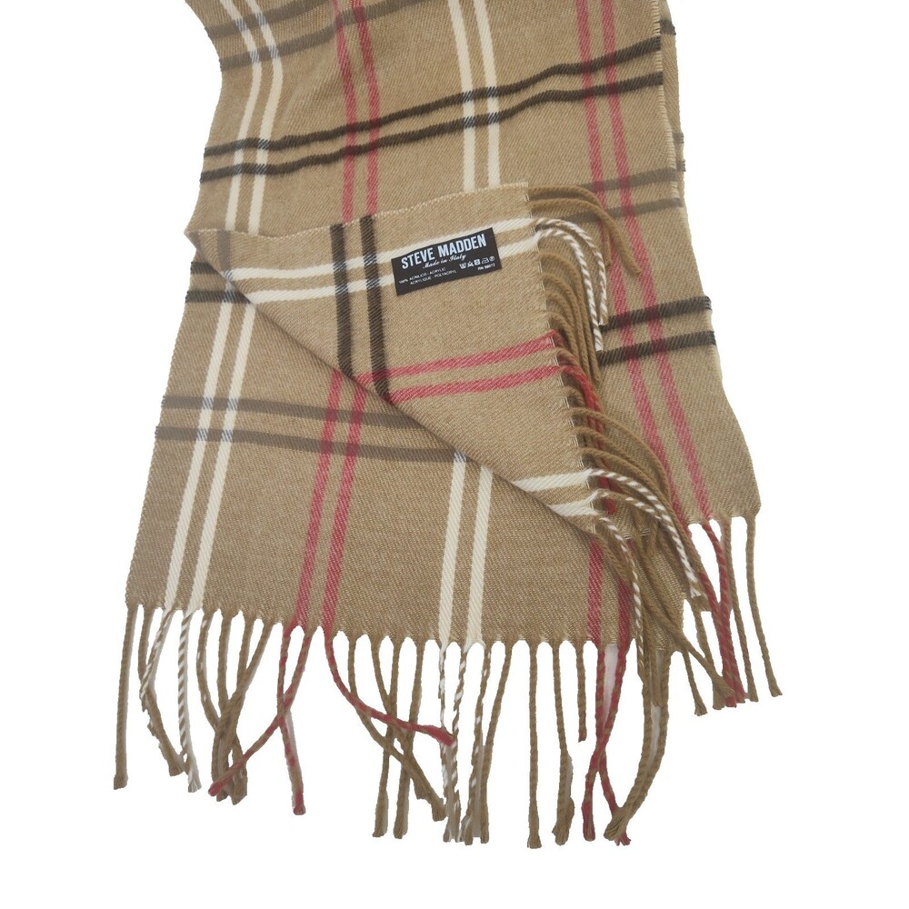 Steve Madden Beige Plaid Scarf Multicolor Made Italy 66" x 11.5"